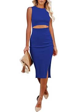 Viottiset Damen Kleid Waist Cut Out Einfarbig Ärmellos Kleider Geschlitzt Party Schlank Bodycon Elegant Saphirblau XS von Viottiset