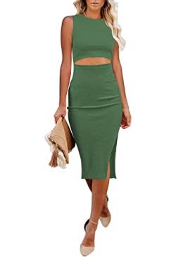 Viottiset Damen Kleid Waist Cut Out Einfarbig Ärmellos Kleider Geschlitzt Party Schlank Gestrickt Elegant Grasgrün S von Viottiset