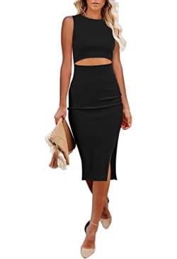 Viottiset Damen Kleid Waist Cut Out Einfarbig Ärmellos Kleider Geschlitzt Party Schlank Gestrickt Elegant Schwarz L von Viottiset