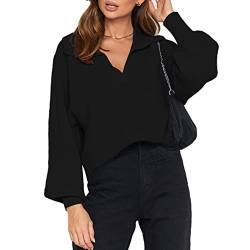 Viottiset Damen Kurzes Pullover Reverskragen Laternenärmel Strick Polo Oberteil Gerippter Übergröße Lässig Schwarz XL von Viottiset