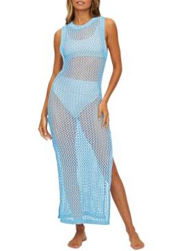 Viottiset Damen Lange Häkeln Badeanzug Cover Up Cut Out Ärmellose Strandkleid Seite Split Strick Bikini Aqua Blau S von Viottiset