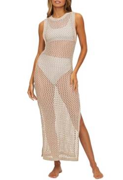 Viottiset Damen Lange Häkeln Badeanzug Cover Up Cut Out Ärmellose Strandkleid Seite Split Strick Bikini Kleid Aprikose S von Viottiset