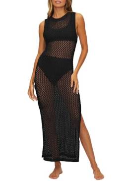 Viottiset Damen Lange Häkeln Badeanzug Cover Up Hollow Out Ärmellose Strandkleid Seite Split Strick Bikini Schwarz M von Viottiset