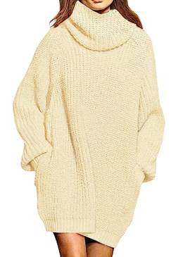 Viottiset Damen Lockeres Übergroßes Langes Pulloverkleid Rollkragen Gerippt Grobstrick Gestrickt Pullover Beige M von Viottiset