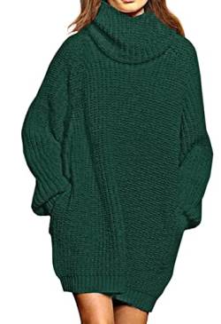 Viottiset Damen Lockeres Übergroßes Langes Pulloverkleid Rollkragen Gerippt Grobstrick Gestrickt Pullover Dunkelgrün S von Viottiset