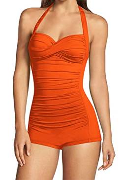 Viottiset Damen Neckholder Einteilig Badeanzug Monokini Bauchkontrolle Twist Front Rüschen Bademode Strand Orange XL von Viottiset