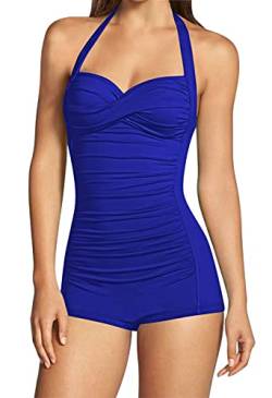 Viottiset Damen Neckholder Einteilig Badeanzug Monokini Bauchkontrolle Twist Front Rüschen Bademode Strand Saphirblau M von Viottiset