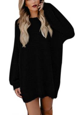 Viottiset Damen Pelziger Rundhalsausschnitt Übergroßer Lockerer Lange Ärmel Pullover Minikleid Gestrickter Schwarz S von Viottiset