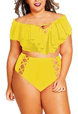 Viottiset Damen Plus Size Bademode Rüschen High Cut Badeanzug Bikini Mollige Übergröße Strandkleidung 02 Gelb X-Large von Viottiset