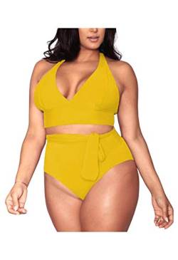 Viottiset Damen Plus Size Einfarbig Beach Bademode Triangle Sexy Hohe Taille Verstellbaren Trägern Gelb XXX-Large von Viottiset