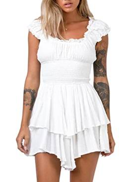 Viottiset Damen Rüschen Shorts Strampler Schulterfrei Swiss Dot Sommer Chiffon A-Linie Party Schicht Jumpsuits Weiß S von Viottiset