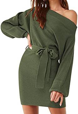 Viottiset Damen Schulterfrei Pullover Kleider Gerippte Krawatte Taille Langarm Minikleid Jumpers Tunika Armeegrün L von Viottiset