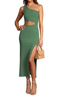 Viottiset Damen Sommer Eine Shoulder Ärmellos Kleider Cut Out Seiten Schlitz Freizeit Maxikleid Gerippt Bodycon Grün XS von Viottiset