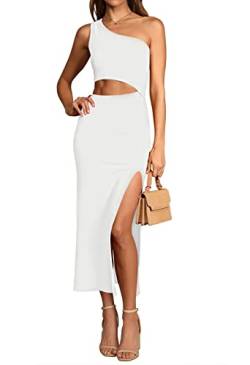 Viottiset Damen Sommer Eine Shoulder Ärmellos Kleider Cut Out Seiten Schlitz Freizeit Maxikleid Gerippt Bodycon Weiß XS von Viottiset