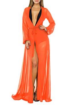 Viottiset Damen Strand Shirt Bademode Strandkleid Bikini Cover Up mit Lange Ärmel Sommer 01 Orange XL von Viottiset