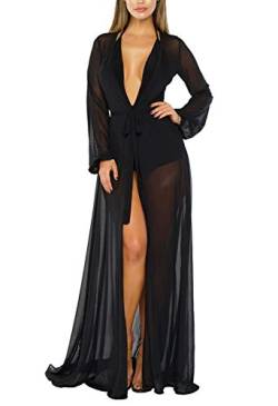 Viottiset Damen Strandkleid Bikini Cover Up Lange Ärmel Sommer Badeanzug Poncho Bademode Strickjacke Ferien Schwarz M von Viottiset