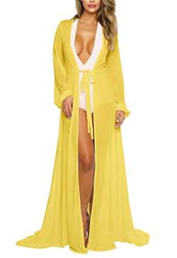 Viottiset Damen Strandkleid Bikini Cover Up Lange Ärmel Sommer Badeanzug Poncho Bademode Strickjacke Ferien Sexy Gelb M von Viottiset