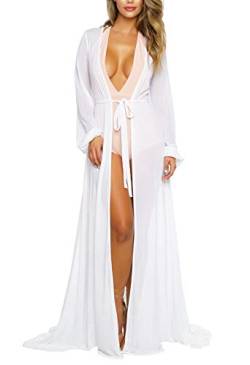 Viottiset Damen Strandkleid Bikini Cover Up Lange Ärmel Sommer Badeanzug Poncho Bademode Strickjacke Ferien Sexy Weiß M von Viottiset