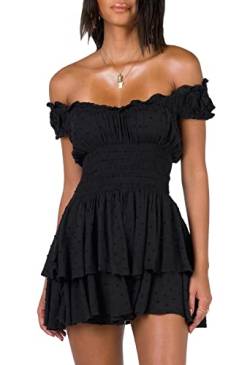 Viottiset Damen Swiss Dot Sommer Minikleid Rüschen Overall Schulterfrei Chiffon A-Linie Strand Party Jumpsuit Schwarz XL von Viottiset