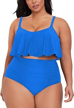 Viottiset Damen Übergröße 2-Teiliges Tankini-Set Bauchkontrolle Rüschen Geraffte Badeanzüge Crop-Top Bikini Azurblau 2XL von Viottiset