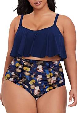 Viottiset Damen Übergröße 2-Teiliges Tankini-Set Bauchkontrolle Rüschen Geraffte Badeanzüge Crop-Top Bikini Blau 3XL von Viottiset