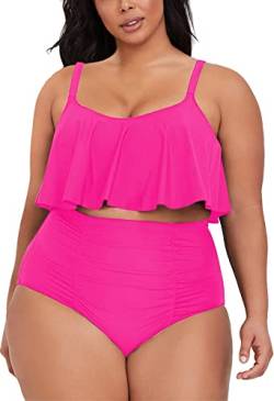 Viottiset Damen Übergröße 2-Teiliges Tankini-Set Bauchkontrolle Rüschen Geraffte Badeanzüge Crop-Top Bikini Rosenrot XL von Viottiset