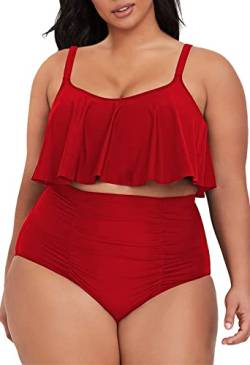 Viottiset Damen Übergröße 2-Teiliges Tankini-Set Bauchkontrolle Rüschen Geraffte Badeanzüge Crop-Top Bikini Rot XL von Viottiset