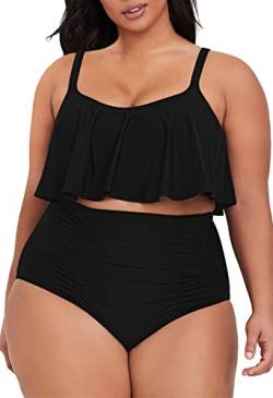 Viottiset Damen Übergröße 2-Teiliges Tankini-Set Bauchkontrolle Rüschen Geraffte Badeanzüge Crop-Top Bikini Schwarz XL von Viottiset