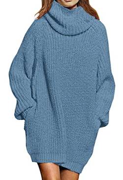 Viottiset Damen Übergroßes Langarm Mini Pullover Kleid Rollkragen Gerippt Grobstrick Gestrickt Winter Hellblau XL von Viottiset