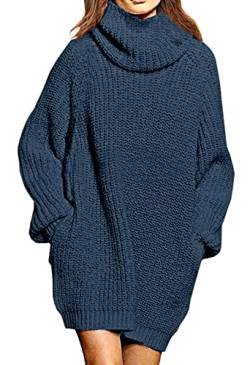 Viottiset Damen Übergroßes Langarm Mini Pullover Kleid Rollkragen Gerippt Grobstrick Gestrickt Winter Oversize Blau XL von Viottiset