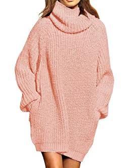 Viottiset Damen Übergroßes Langarm Mini Pullover Kleid Rollkragen Gerippt Grobstrick Gestrickt Winter Oversize Rosa S von Viottiset