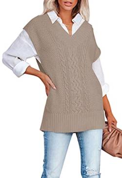 Viottiset Damen V-Ausschnitt Strickpullover Weste Ärmelloser Pullover Einfarbig Stylisches Vintage Top 01 Khaki Groß von Viottiset