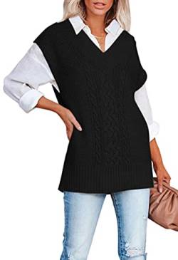 Viottiset Damen V-Ausschnitt Strickpullover Weste Ärmelloser Pullover Einfarbig Stylisches Vintage Top 01 Schwarz Klein von Viottiset