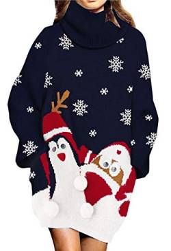 Viottiset Damen Weihnachten Übergroßes Pulloverkleid Rollkragen Gerippt Grobstrick Gestrickt Lockeres Navy Blau XL von Viottiset