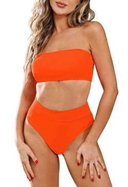 Viottiset Damen Zweiteilig Bandeau Top Bikini Set Hoher Taille Badeanzug Abnehmbare Träger Push Up Padded Orange 3XL von Viottiset