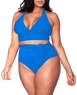 Viottiset Damen Zweiteilig Übergröße Bauchkontrolle Bikini Set Strand Hoch Tailliert Cheeky Badeanzug Azur XX-Large von Viottiset