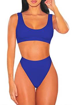 Viottiset Damen Zweiteilige Bikini Set Bademode Crop Top Badeanzug Hohe Taille Strandkleidung Push Up Sommer Blau L von Viottiset