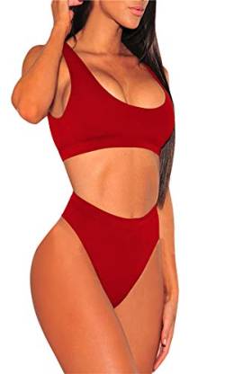 Viottiset Damen Zweiteilige Bikini Set Bademode Crop Top Badeanzug Hohe Taille Strandkleidung Push Up Sommer Rot XL von Viottiset