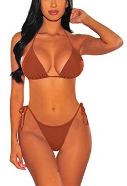 Viottiset Damen Zweiteilige Neckholder Kordelzug Bikini Set Triangel Strand Badeanzug Sexy Bademode Gebranntes Orange Mittel von Viottiset