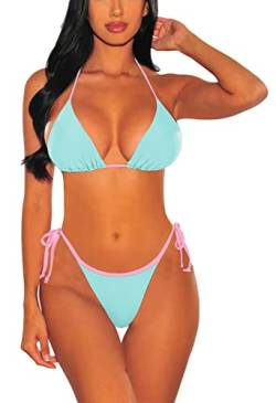 Viottiset Damen Zweiteilige Neckholder Kordelzug Bikini Set Triangel Strand Badeanzug Sexy Bademode Süß Hellblau Klein von Viottiset