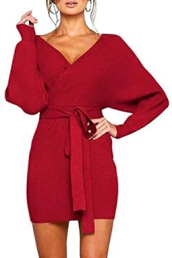 Viottist Damen Strickkleid Winterkleid Pullover Kleid V-Ausschnitt Langarm Rückenfreies Gürtel Rot XL von Viottiset
