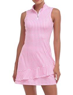 Viracy Tenniskleid für Damen, ärmellos, Golfkleider mit Shorts und Taschen, Rüschen, Reißverschluss, Stehkragen, Golf-Outfits, Hahnentritt, Mittel von Viracy