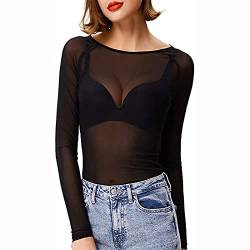 Damen Sexy Langarm U-Ausschnitt Durchsichtige T-Shirt Blusenoberteile Fashion Loose Fit Hemd mit U-Ausschnitt Oberteile Langarmshirt Mesh Bluse Shirt Casual Transparent Party (Schwarz-Lang, S) von VisSec