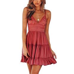 V Ausschnitt Kleid Damen Spitzenkleid Träger Rückenfreies Bogen Kleider Sommerkleider Strandkleider High Waist Volant Kleider Vintage Minikleid (Rosa, 40 / L) von VisSec