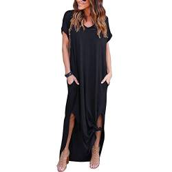 VisSec Damen Casual Lose Maxi Kleider Sommerkleid Elegant Kurzarm V Ausschnitt Kleid Strandkleid Lässige Ärmelloses Lang Maxi-Tank-Kleid (Schwarz, L) von VisSec