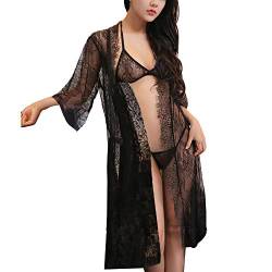 VisSec Dessous Set 3-TLG, Sexy Dessous V-Ausschnitt Transluzente Spitze Kimono Reizwäsche Nachthemd Unterwäsche BH Set Nachtwäsche Negligee Babydoll Nachtkleid (Kleider+G-String) von VisSec