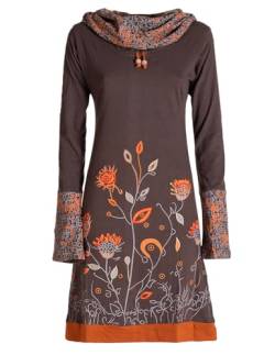 Vishes - Alternative Bekleidung - Damen Blumen-Kleid Langarm-Shirtkleid Schal-Kragen Baumwollkleid braun 44 von Vishes