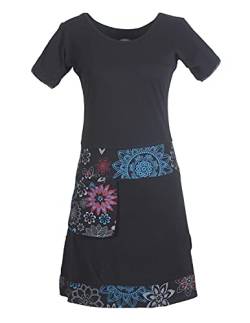 Vishes - Alternative Bekleidung - Damen Kurzarm Kleid Tunika Hippie Blumen Muster Sidebag Tasche schwarz 36-38 von Vishes