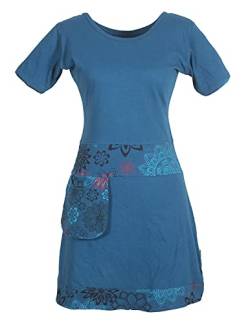 Vishes - Alternative Bekleidung - Damen Kurzarm Kleid Tunika Hippie Blumen Muster Sidebag Tasche türkis 36-38 von Vishes