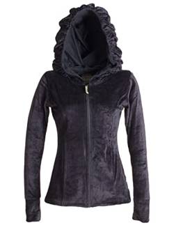 Vishes - Alternative Bekleidung - Samtjacke mit extra großer Geraffter Cape Kapuze, Daumenlöchern und Reißverschluss schwarz 42/44 von Vishes